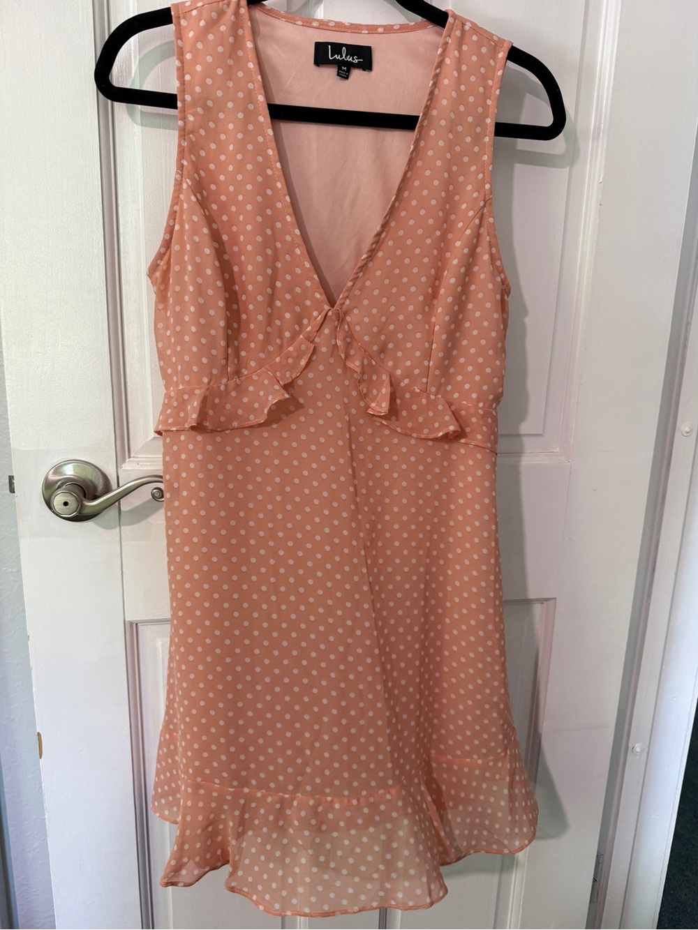 Lulu's Peach Polka Dot Ruffle V-Neck Dress